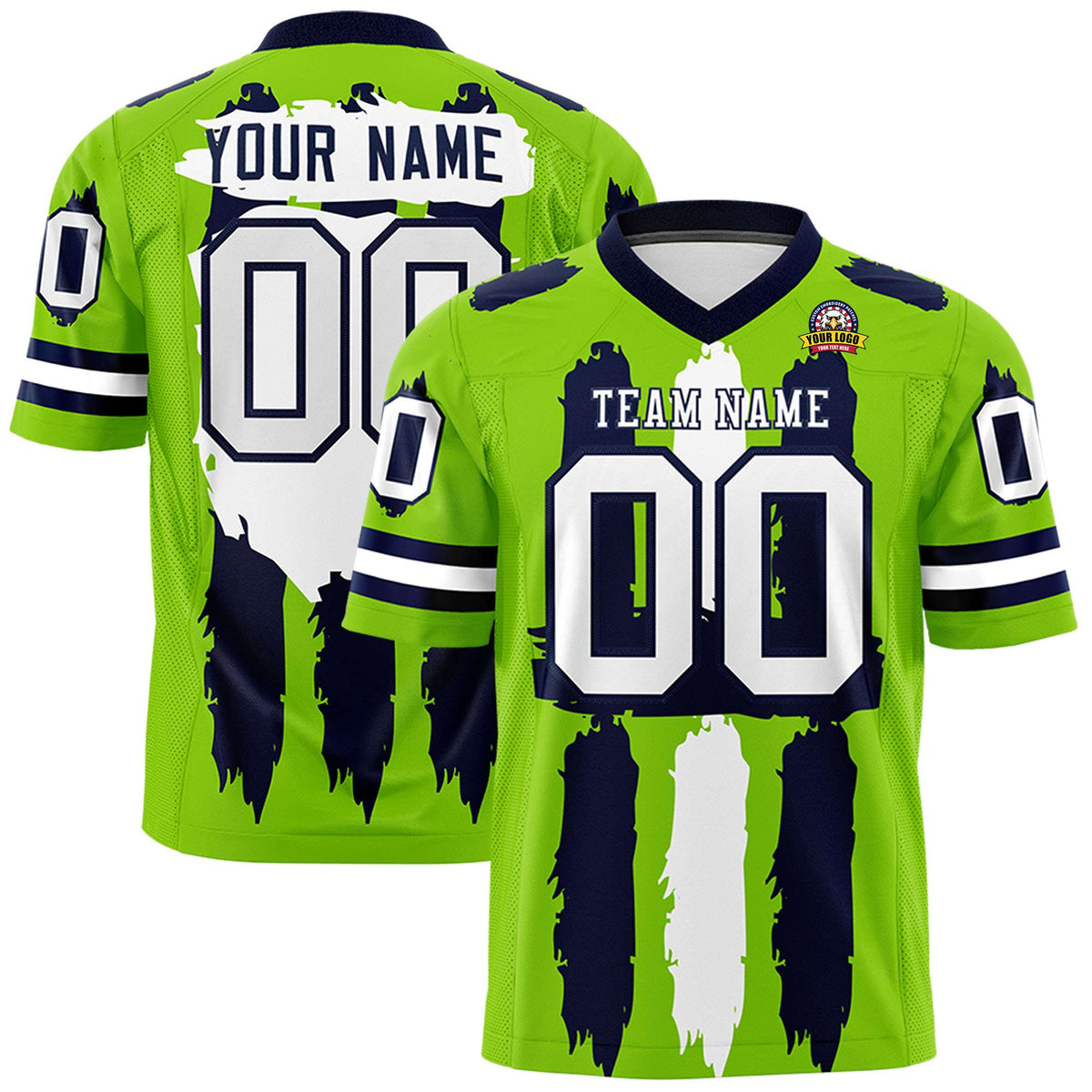 Custom Neon Green Navy and White Graffiti Pattern Practice American Football Jerseys