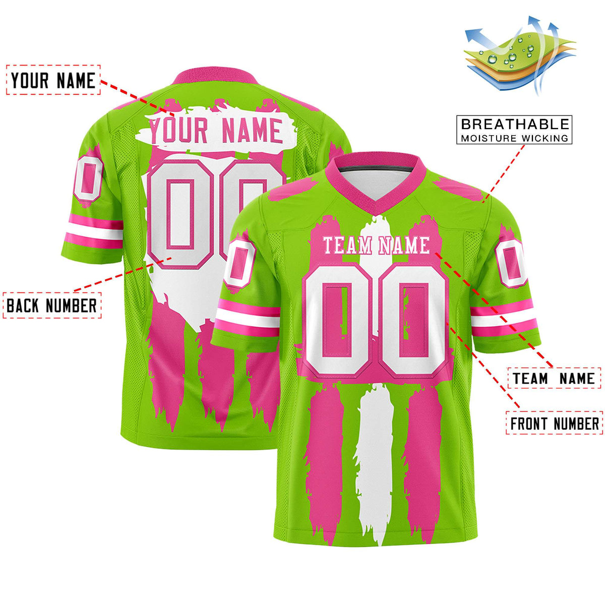 Custom Neon Green Pink and White Graffiti Pattern Practice American Football Jerseys