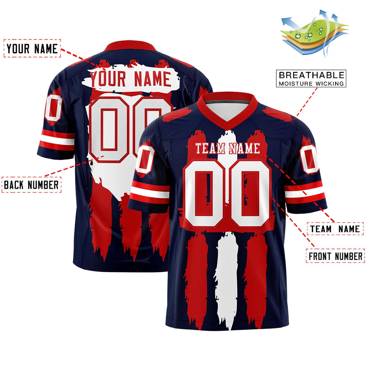 Custom Navy Red and White Graffiti Pattern Practice American Football Jerseys