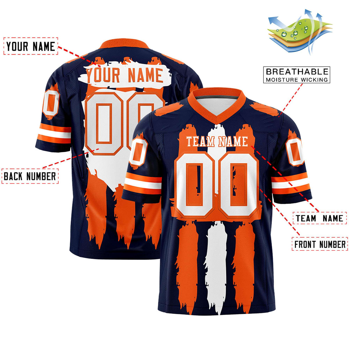 Custom Navy Orange and White Graffiti Pattern Practice American Football Jerseys