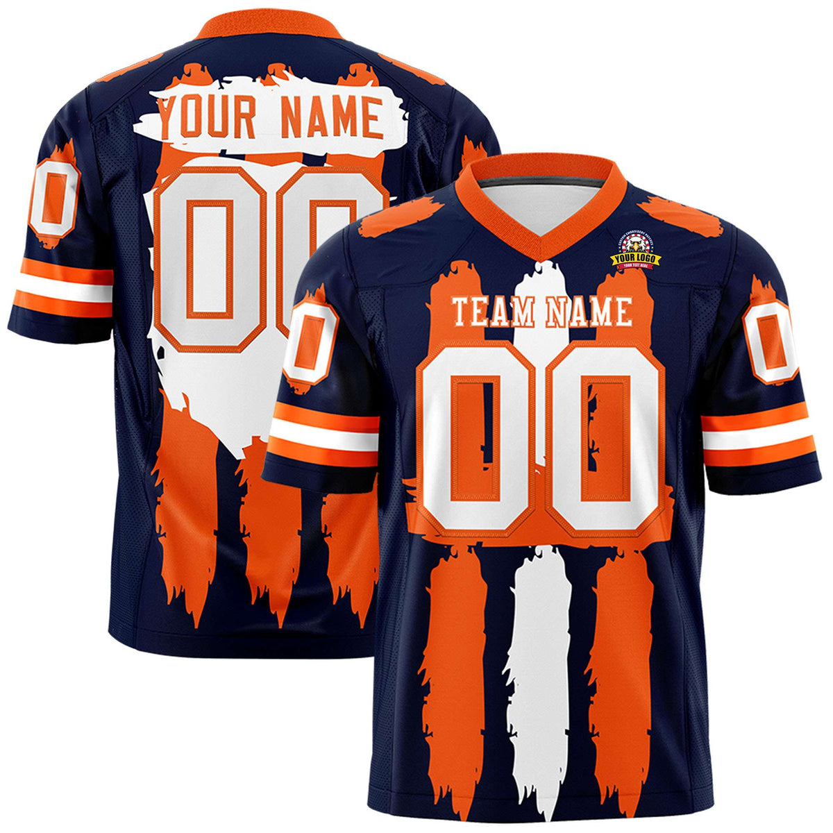 Custom Navy Orange and White Graffiti Pattern Practice American Football Jerseys