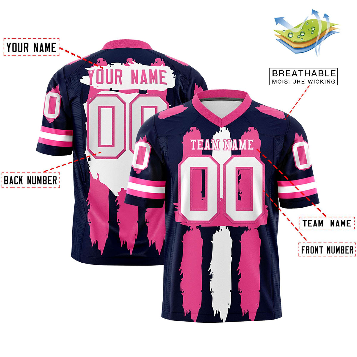 Custom Navy Pink and White Graffiti Pattern Practice American Football Jerseys