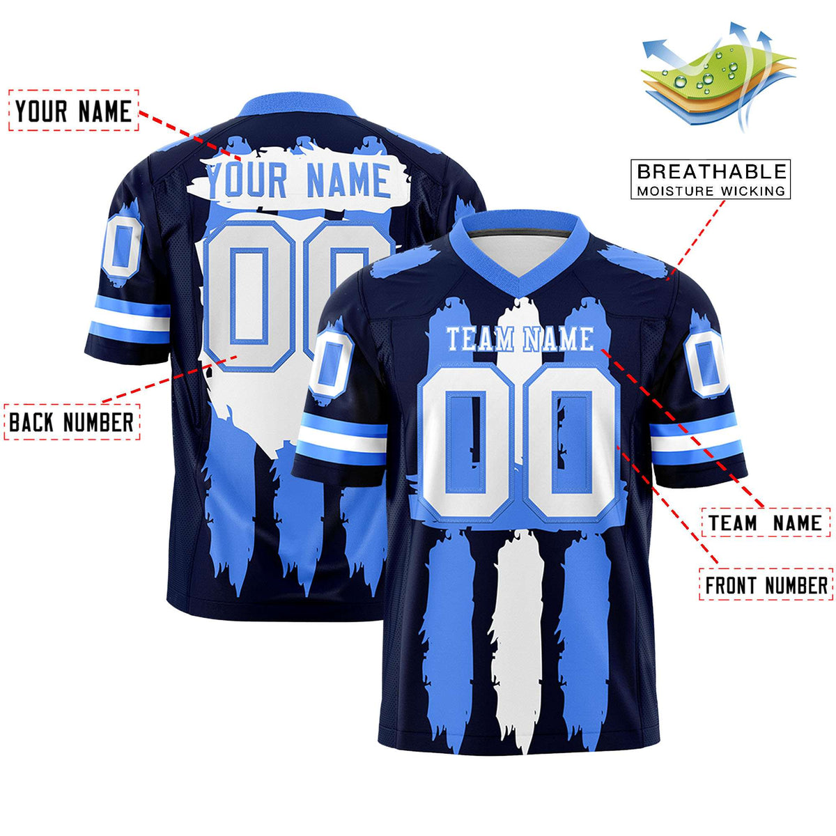 Custom Navy Powder Blue and White Graffiti Pattern Practice American Football Jerseys