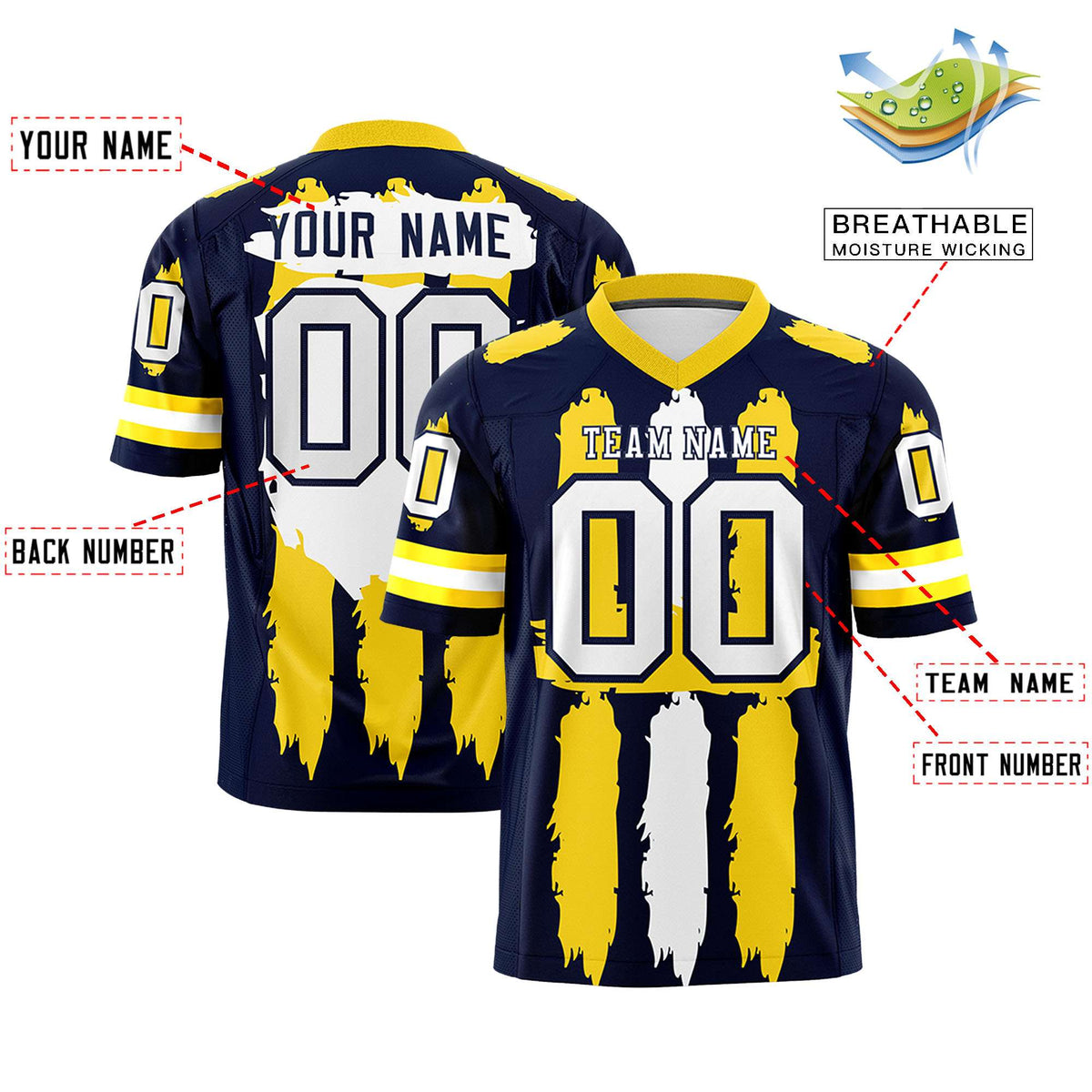 Custom Navy Gold and White Graffiti Pattern Practice American Football Jerseys
