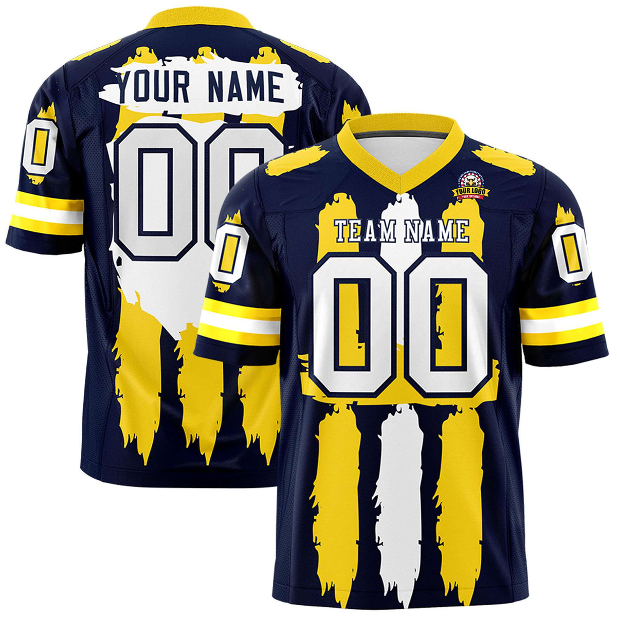 Custom Navy Gold and White Graffiti Pattern Practice American Football Jerseys