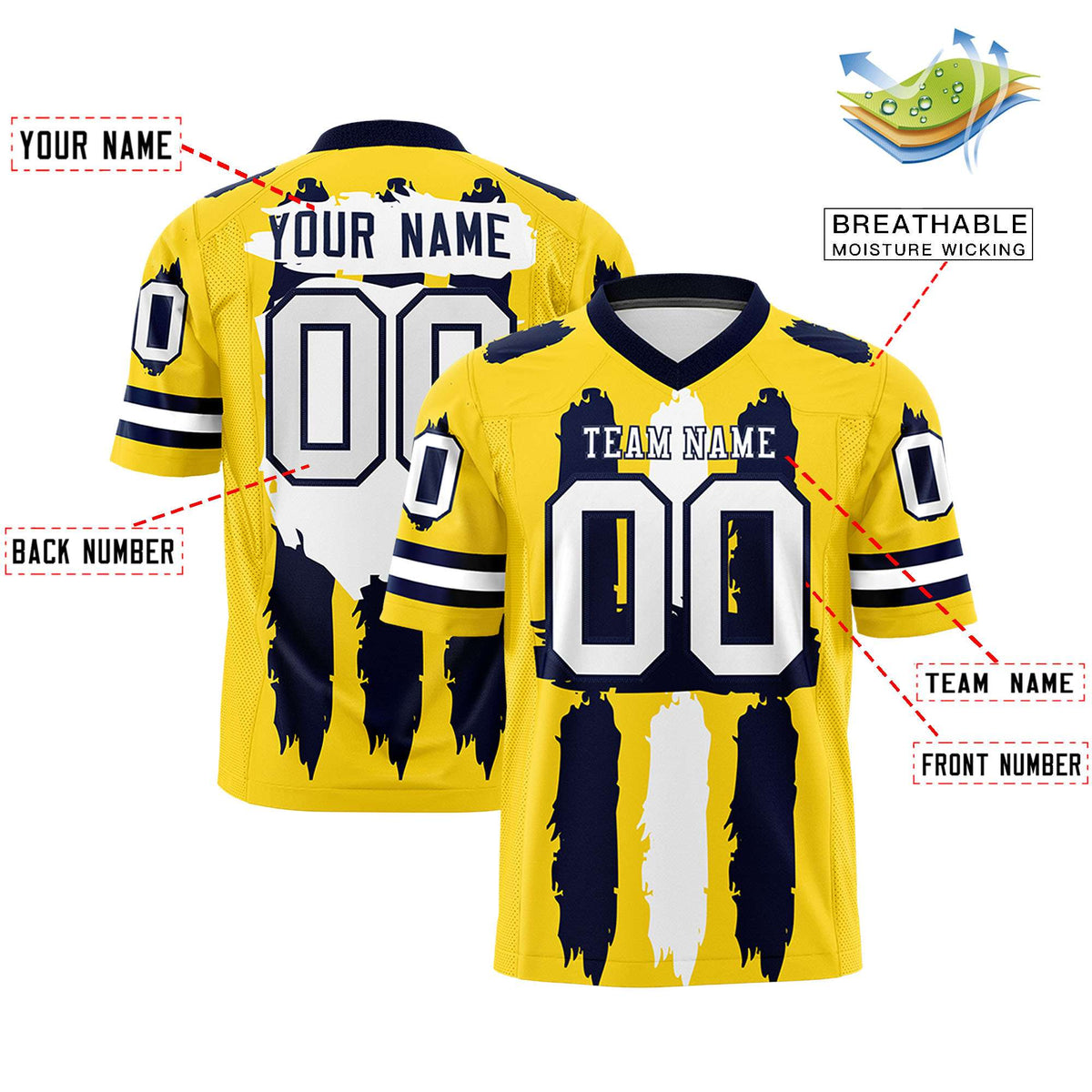 Custom Gold Navy and White Graffiti Pattern Practice American Football Jerseys