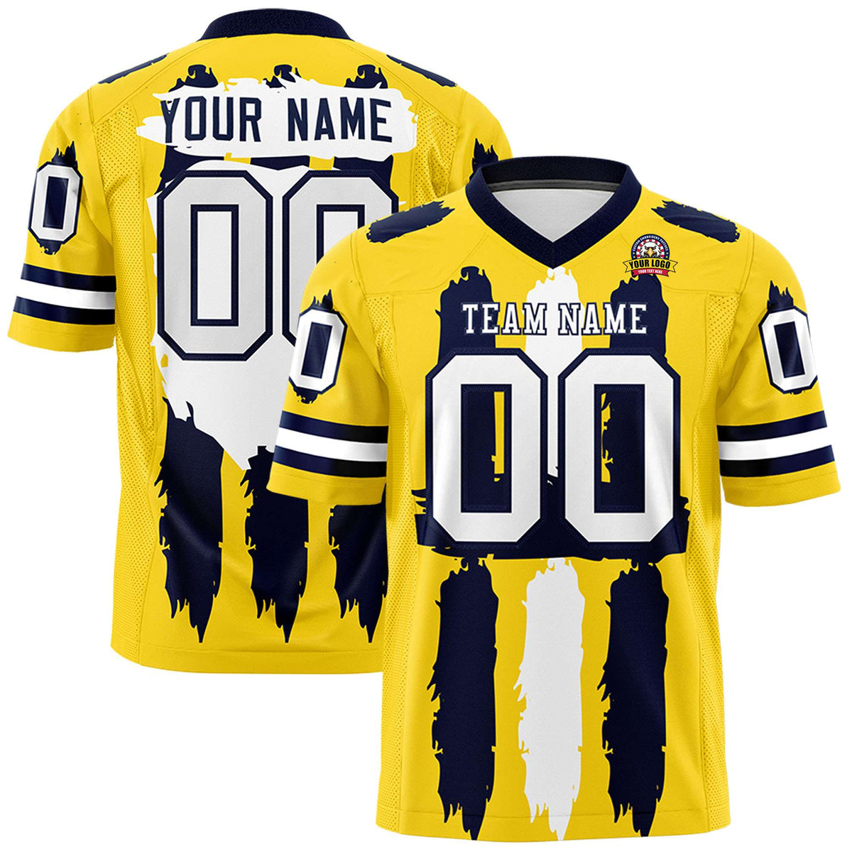 Custom Gold Navy and White Graffiti Pattern Practice American Football Jerseys