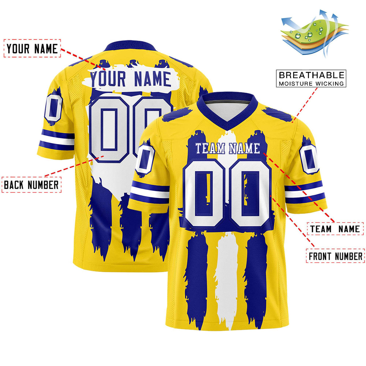 Custom Gold Royal and White Graffiti Pattern Practice American Football Jerseys