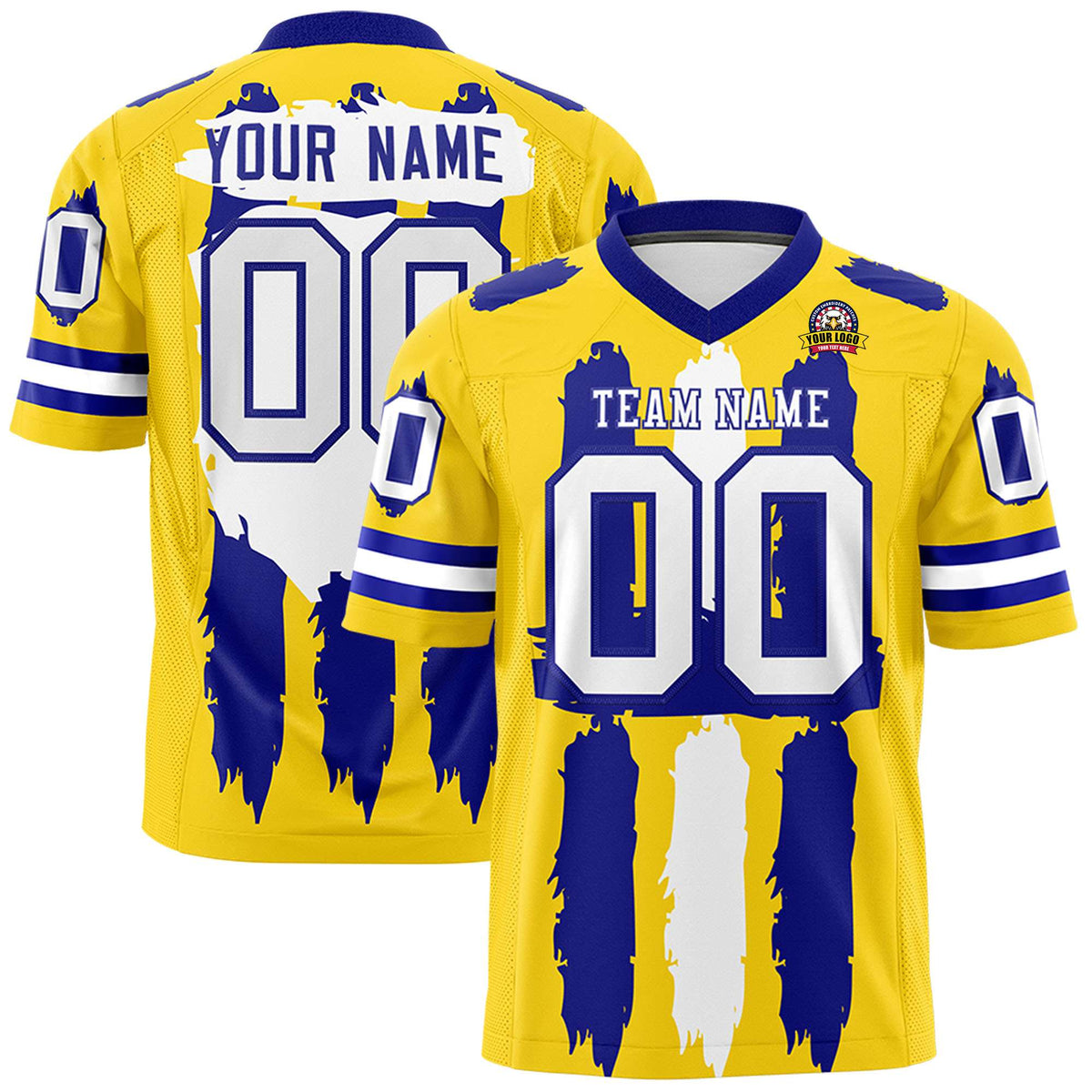 Custom Gold Royal and White Graffiti Pattern Practice American Football Jerseys
