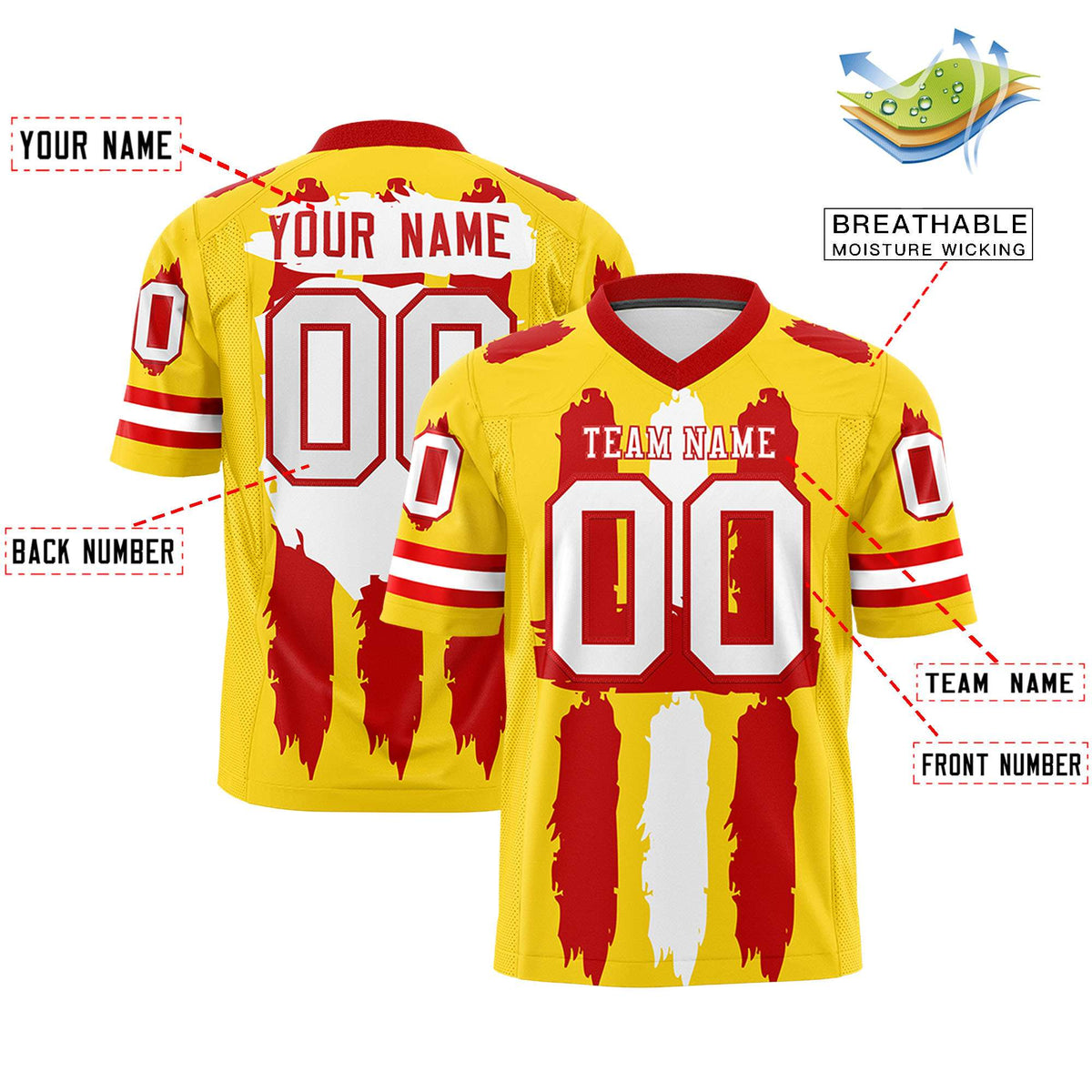 Custom Gold Red and White Graffiti Pattern Practice American Football Jerseys