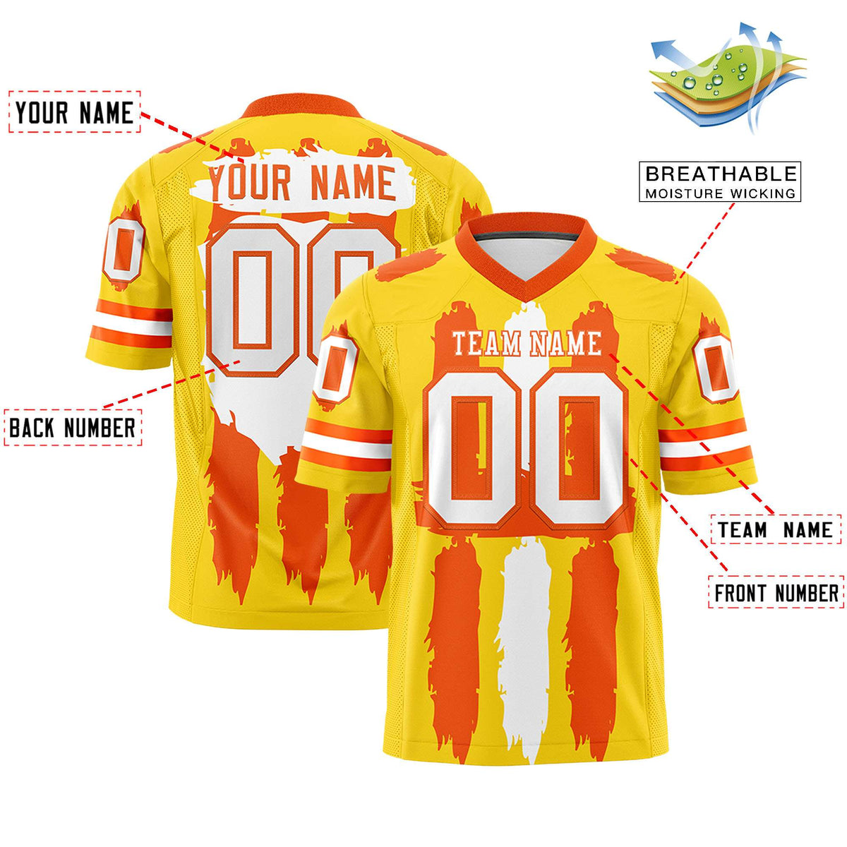 Custom Gold Orange and White Graffiti Pattern Practice American Football Jerseys