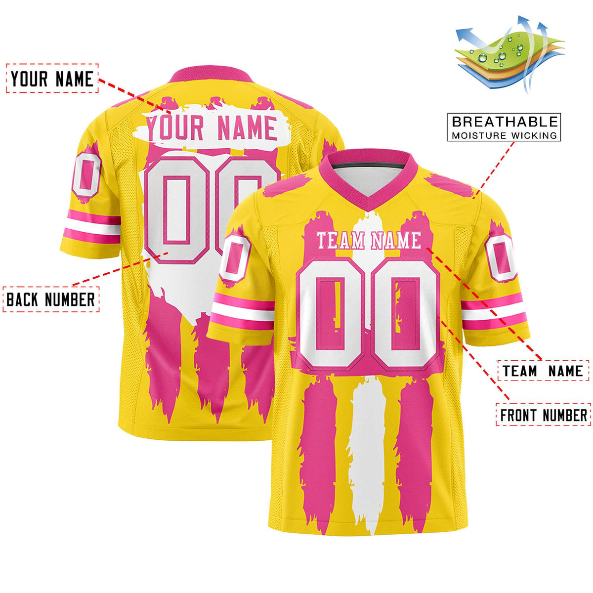 Custom Gold Pink and White Graffiti Pattern Practice American Football Jerseys