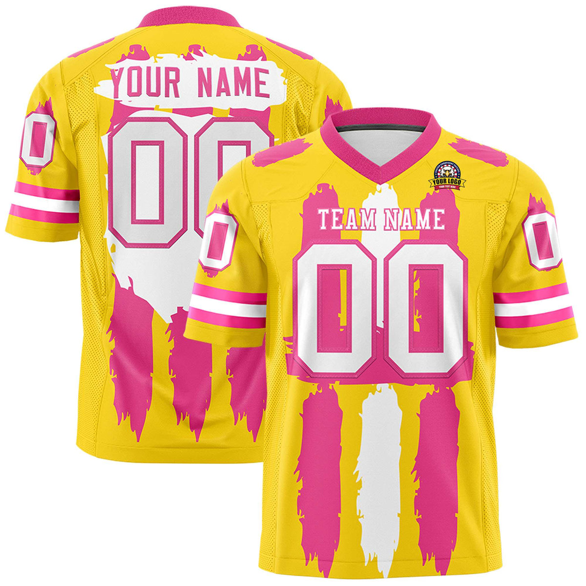 Custom Gold Pink and White Graffiti Pattern Practice American Football Jerseys