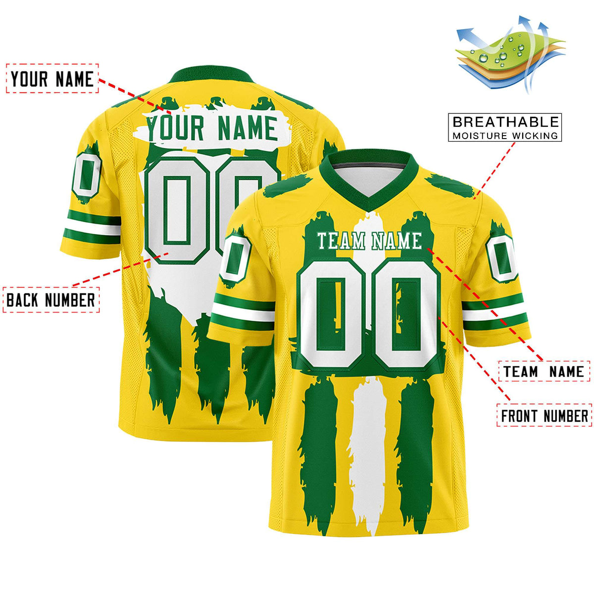 Custom Gold Kelly Green and  Graffiti Pattern Practice American Football Jerseys