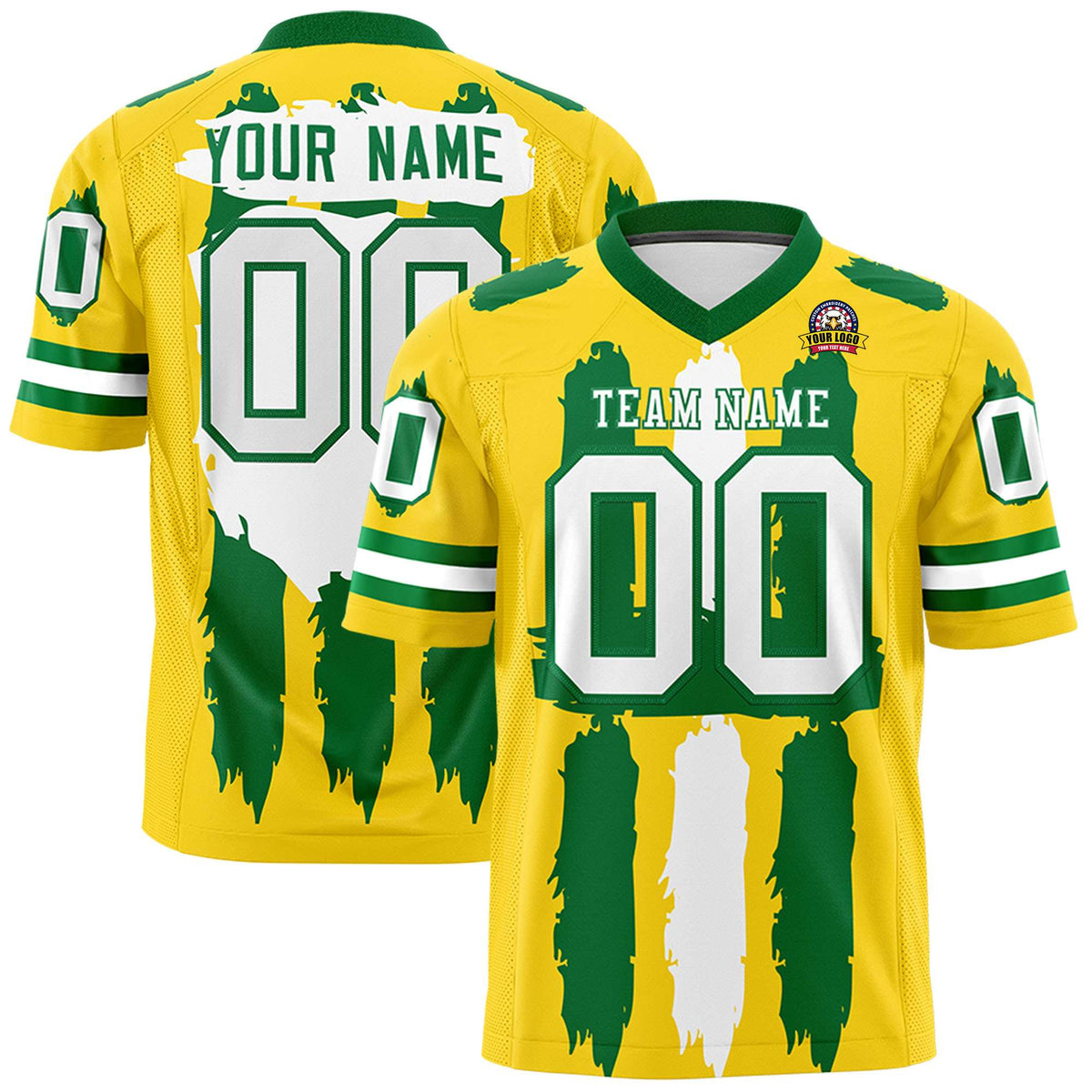 Custom Gold Kelly Green and  Graffiti Pattern Practice American Football Jerseys