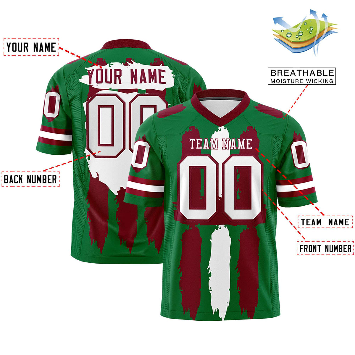 Custom Kelly Green Crimson and White Graffiti Pattern Practice American Football Jerseys