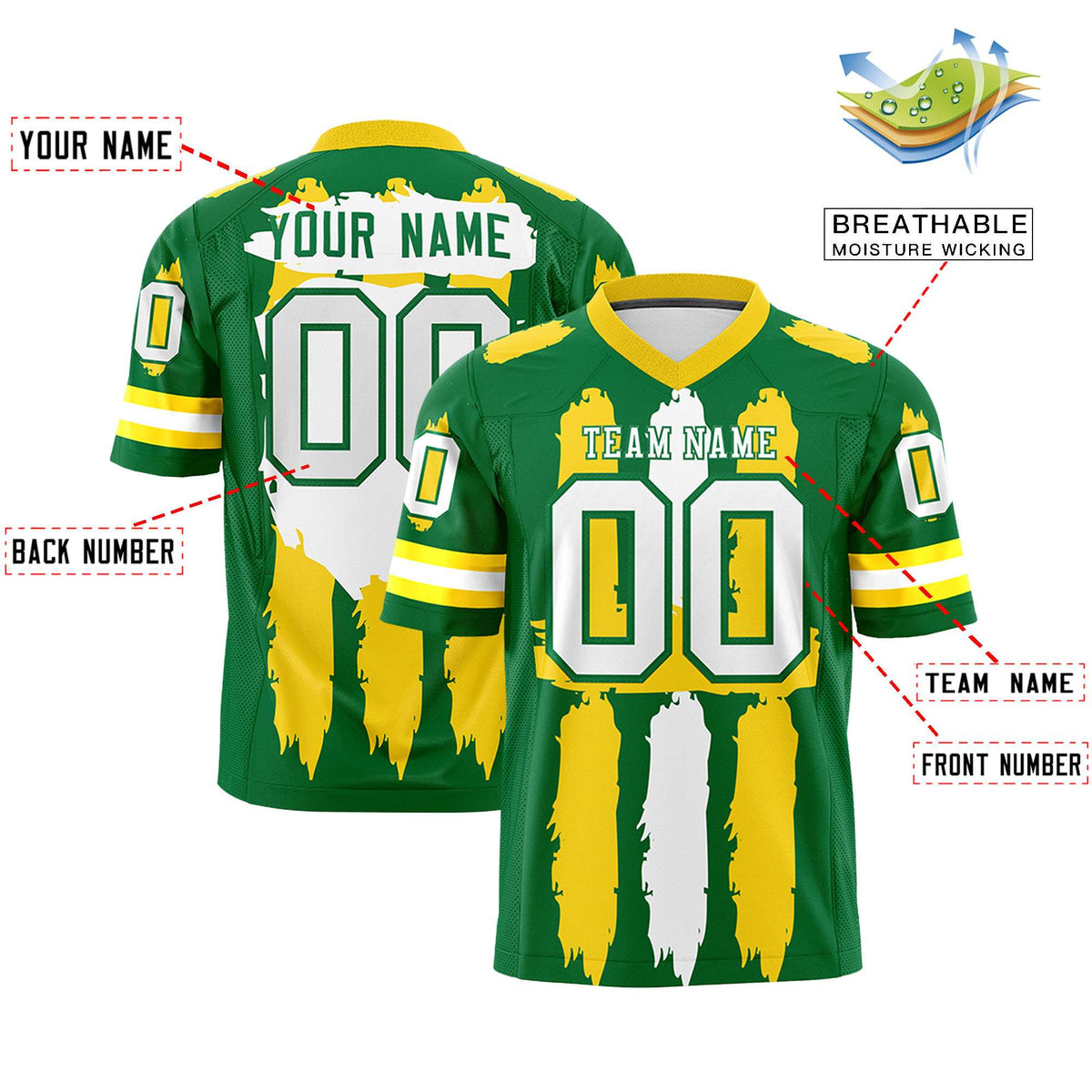 Custom Kelly Green Gold and White Graffiti Pattern Practice American Football Jerseys