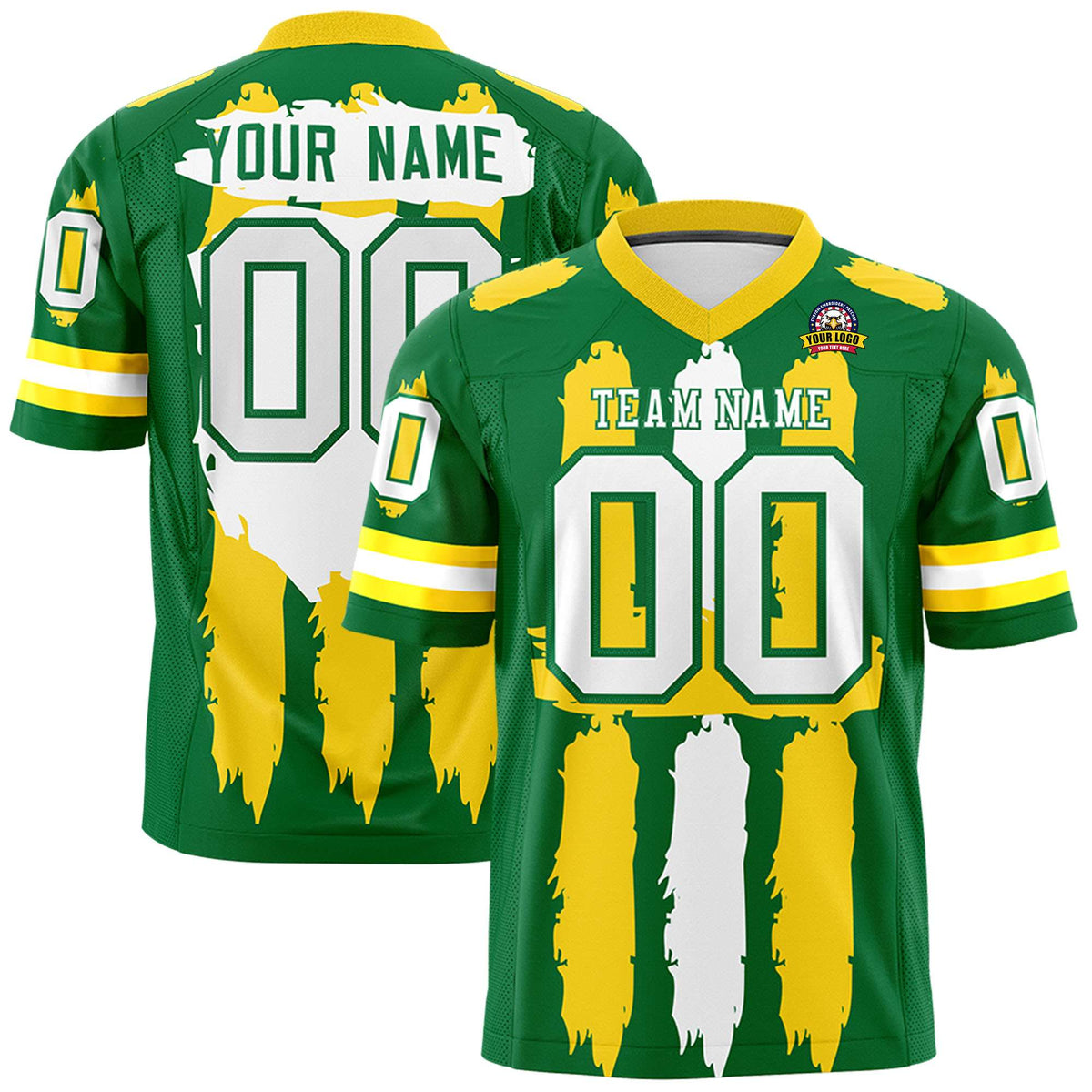 Custom Kelly Green Gold and White Graffiti Pattern Practice American Football Jerseys