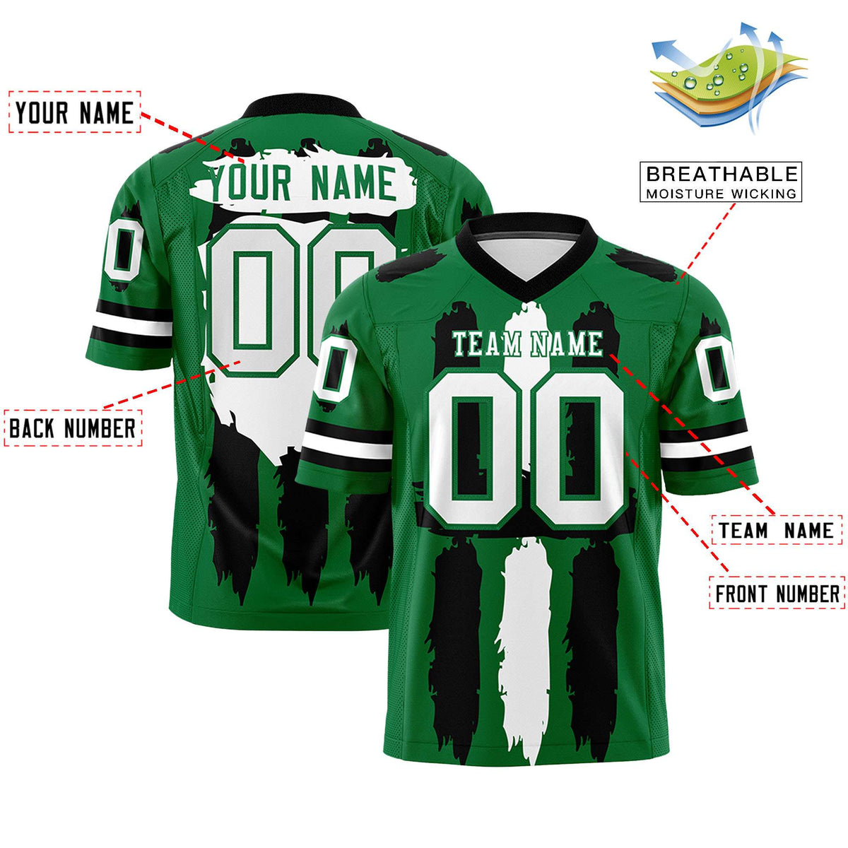 Custom Kelly Green Black and White Graffiti Pattern Practice American Football Jerseys
