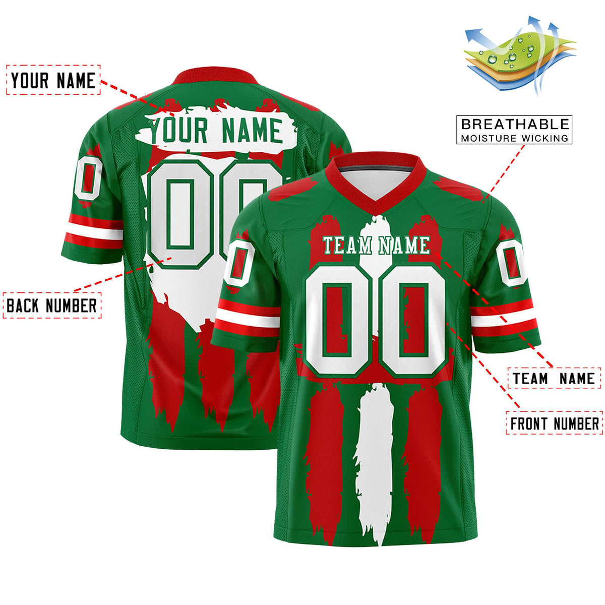 Custom Kelly Green Red and White Graffiti Pattern Practice American Football Jerseys