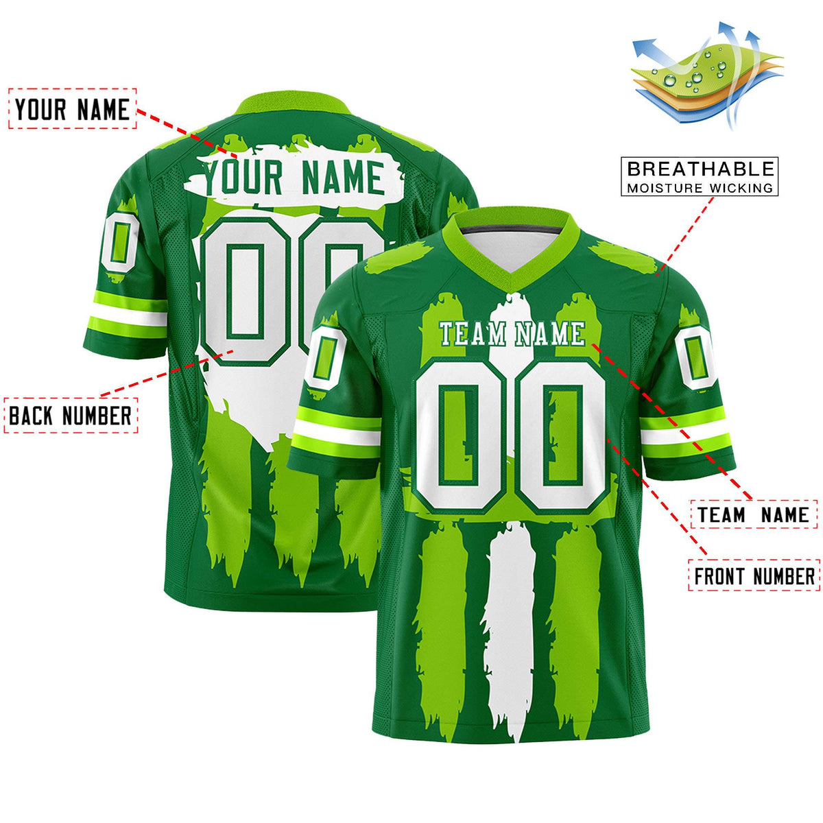 Custom Kelly Green Neon Green and White Graffiti Pattern Practice American Football Jerseys