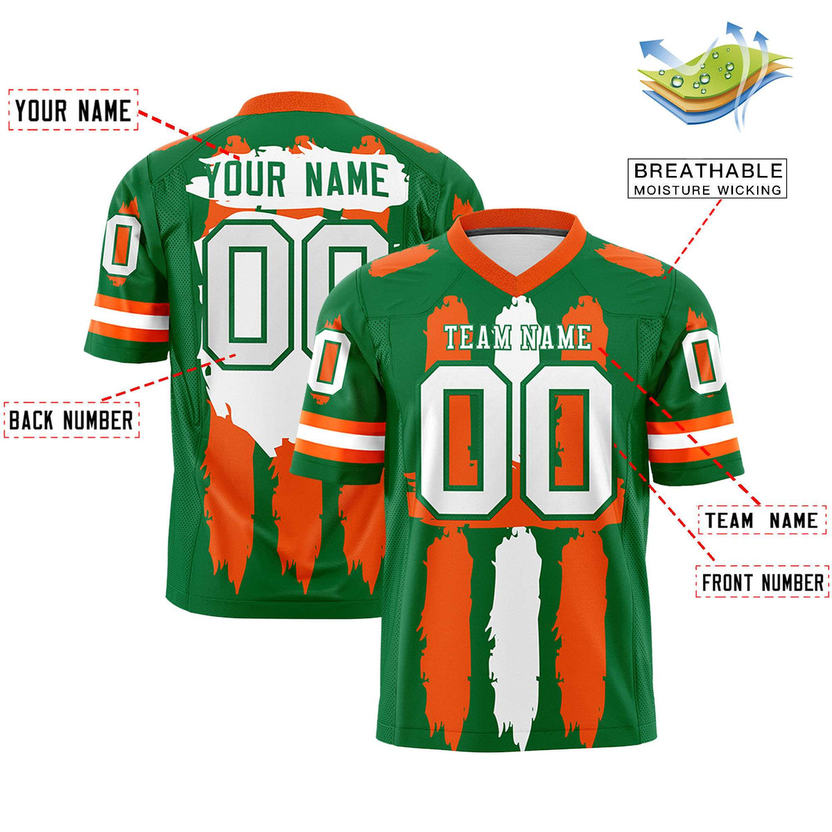 Custom Kelly Green Orange and White Graffiti Pattern Practice American Football Jerseys