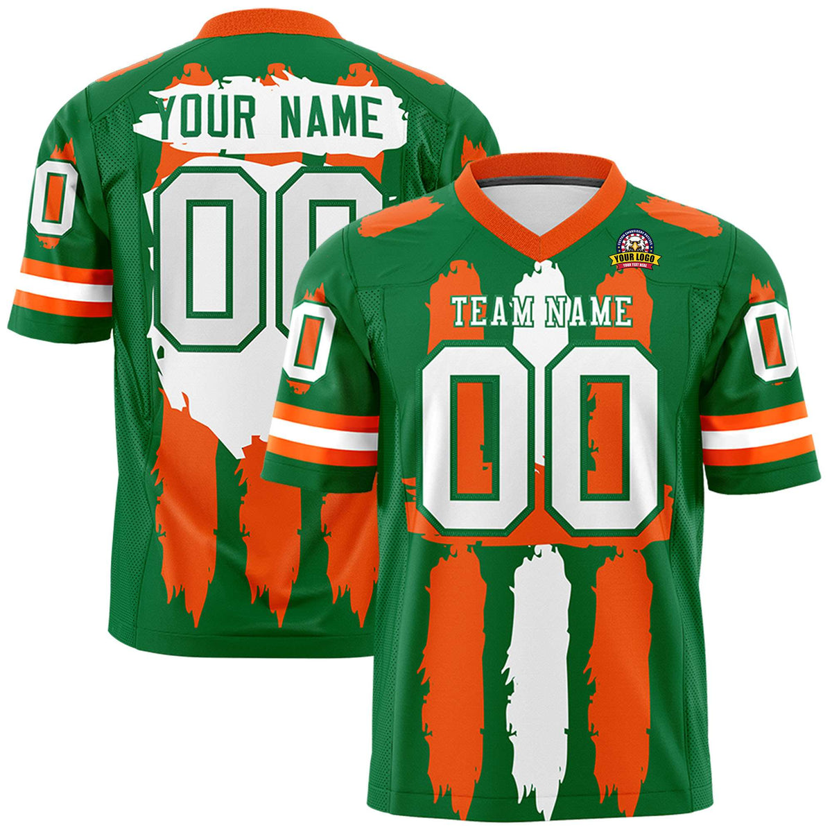 Custom Kelly Green Orange and White Graffiti Pattern Practice American Football Jerseys