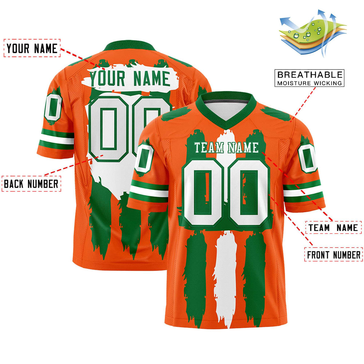 Custom Orange Kelly Green and White Graffiti Pattern Practice American Football Jerseys