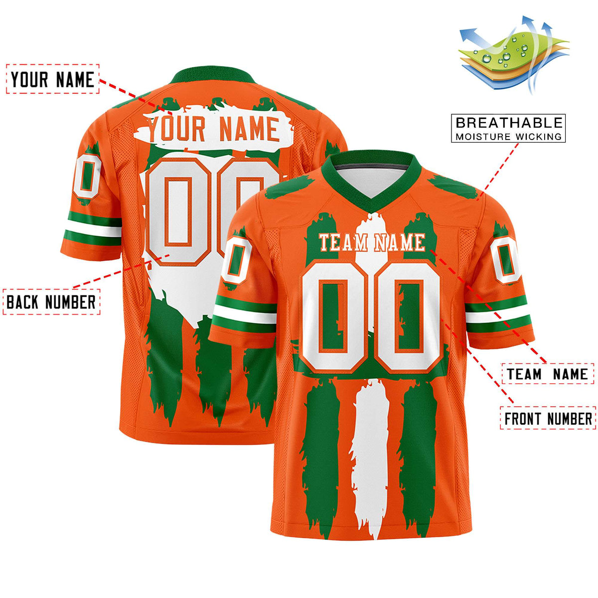 Custom Orange Kelly Green and White Graffiti Pattern Practice American Football Jerseys