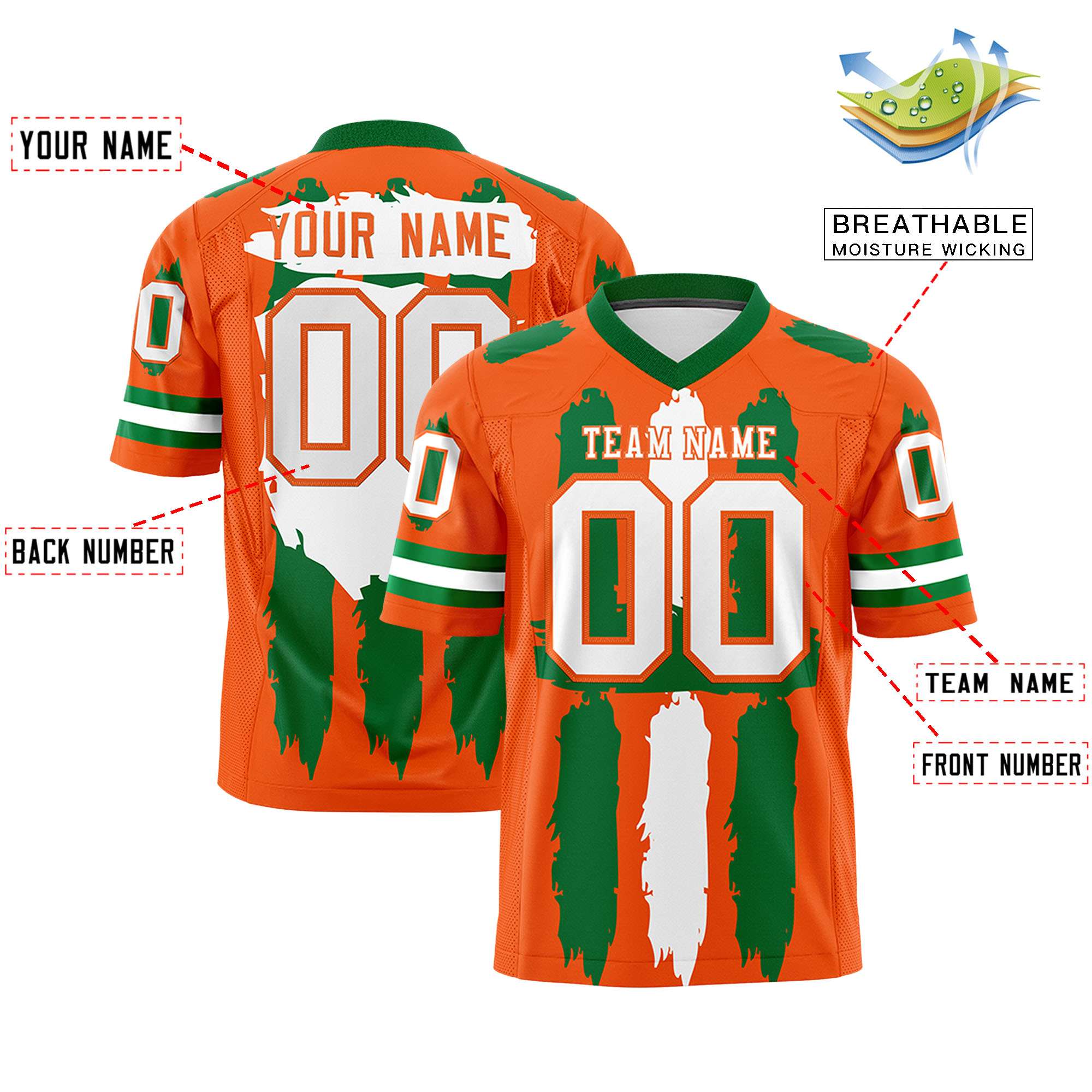 Custom Orange Kelly Green and White Graffiti Pattern Practice American Football Jerseys