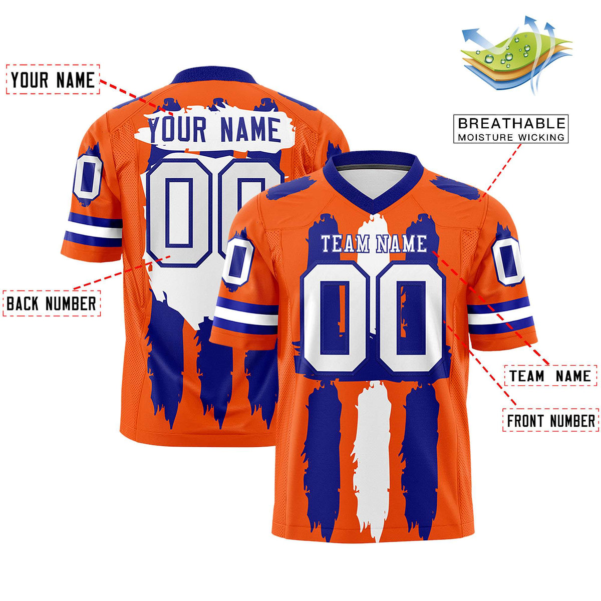 Custom Orange Royal and White Graffiti Pattern Practice American Football Jerseys