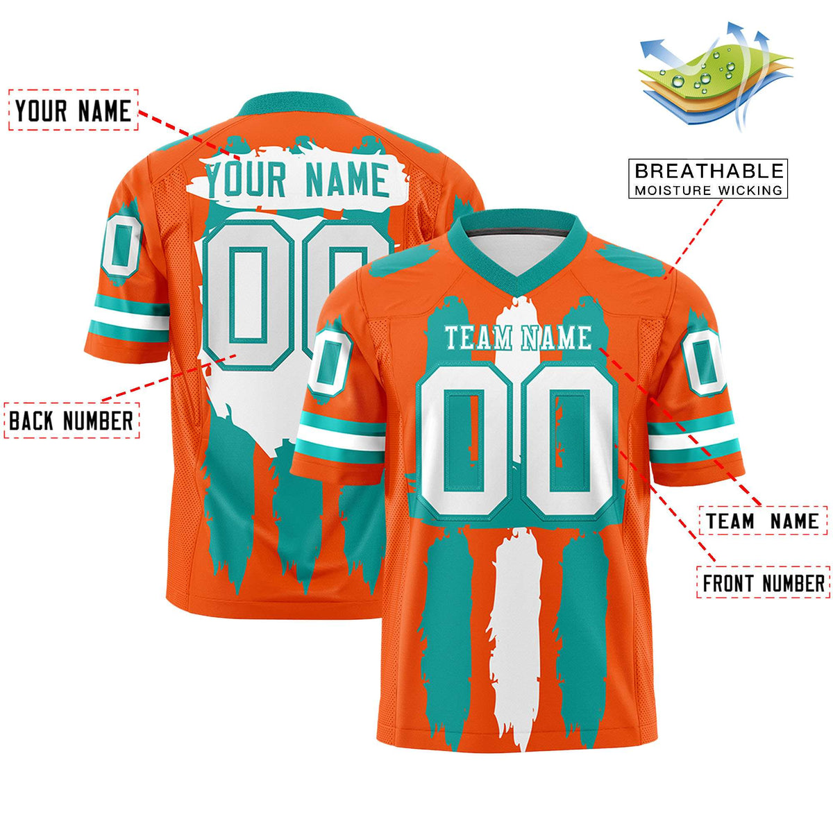 Custom Orange Aqua and White Graffiti Pattern Practice American Football Jerseys
