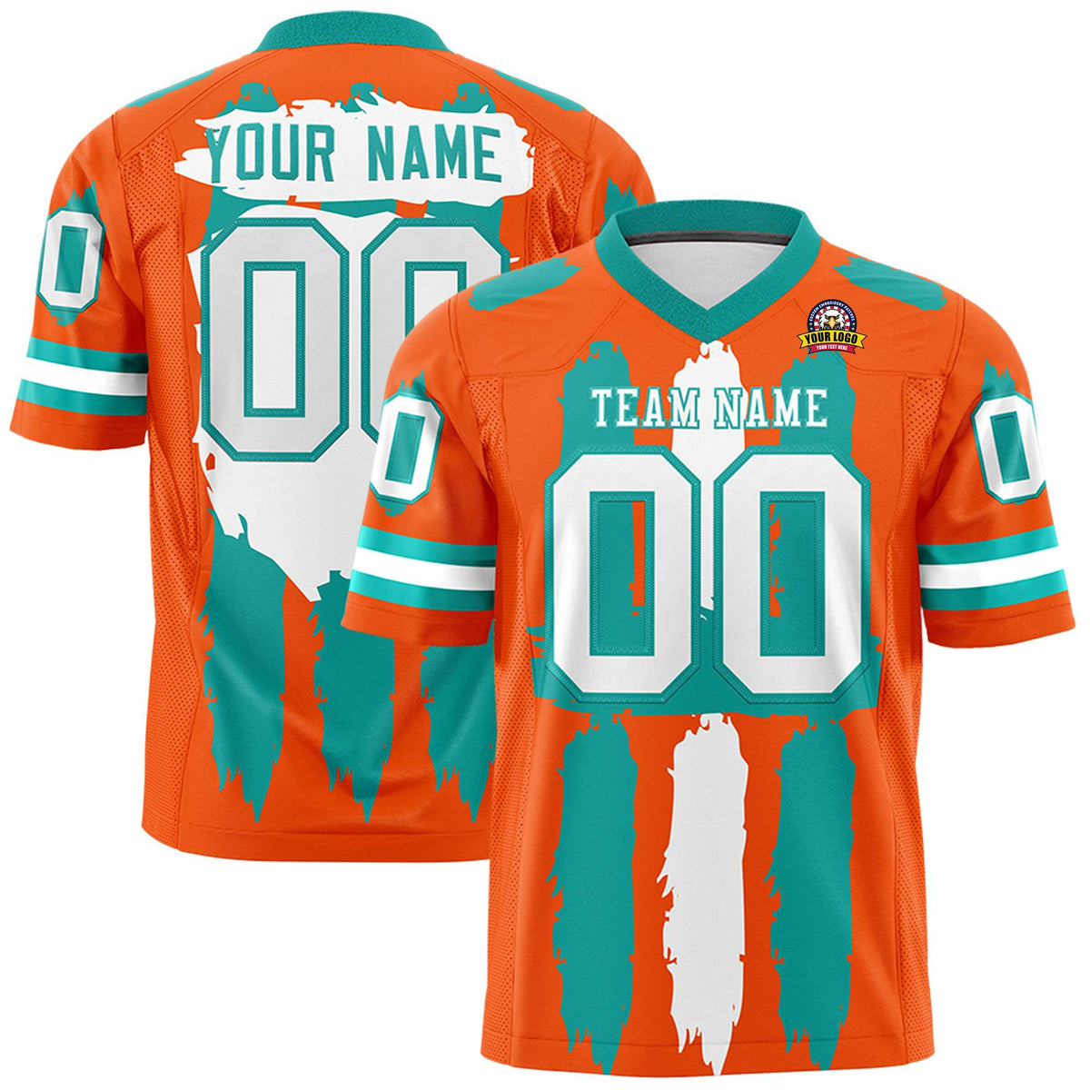 Custom Orange Aqua and White Graffiti Pattern Practice American Football Jerseys