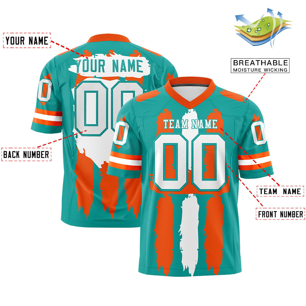 Custom Aqua Orange and White Graffiti Pattern Practice American Football Jerseys