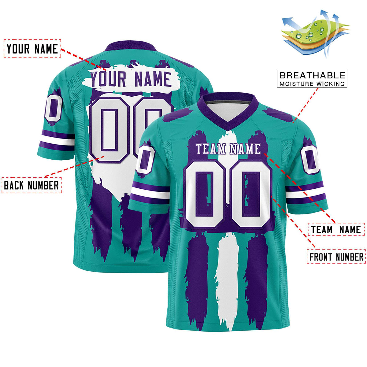 Custom Aqua Purple and White Graffiti Pattern Practice American Football Jerseys
