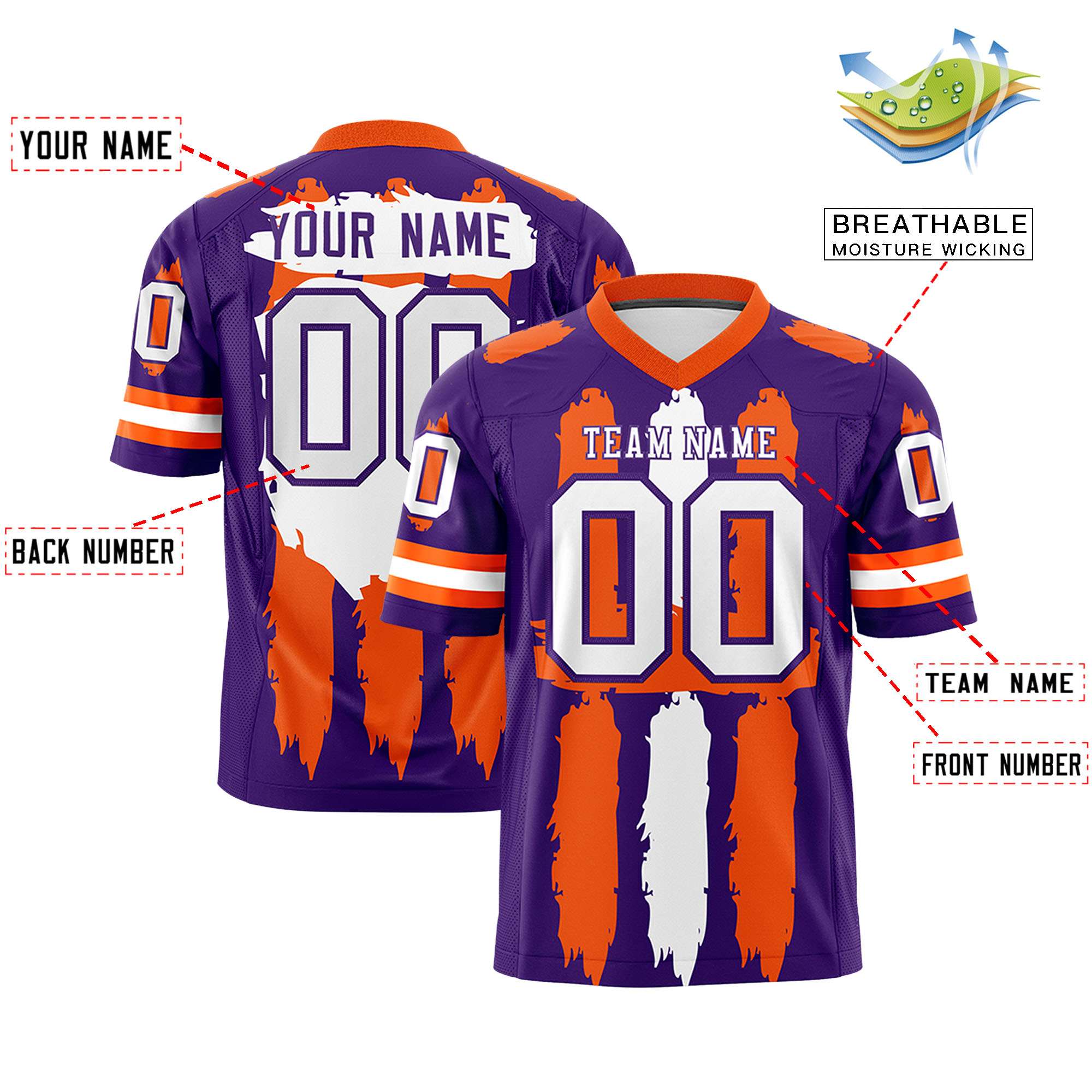 Custom Purple Orange and White Graffiti Pattern Practice American Football Jerseys