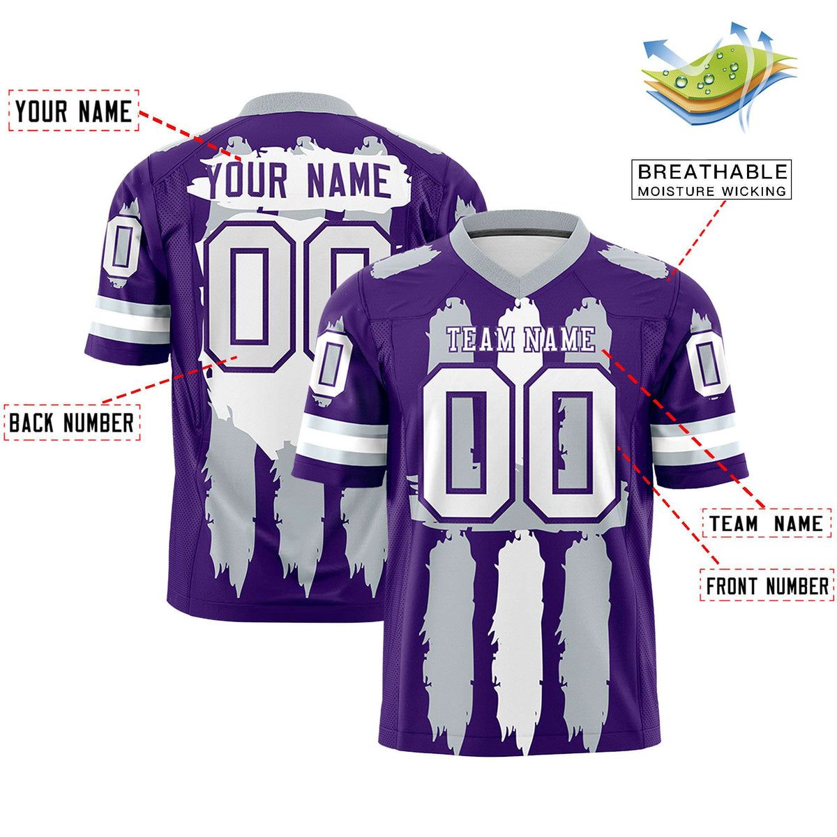 Custom Purple Silver and White Graffiti Pattern Practice American Football Jerseys