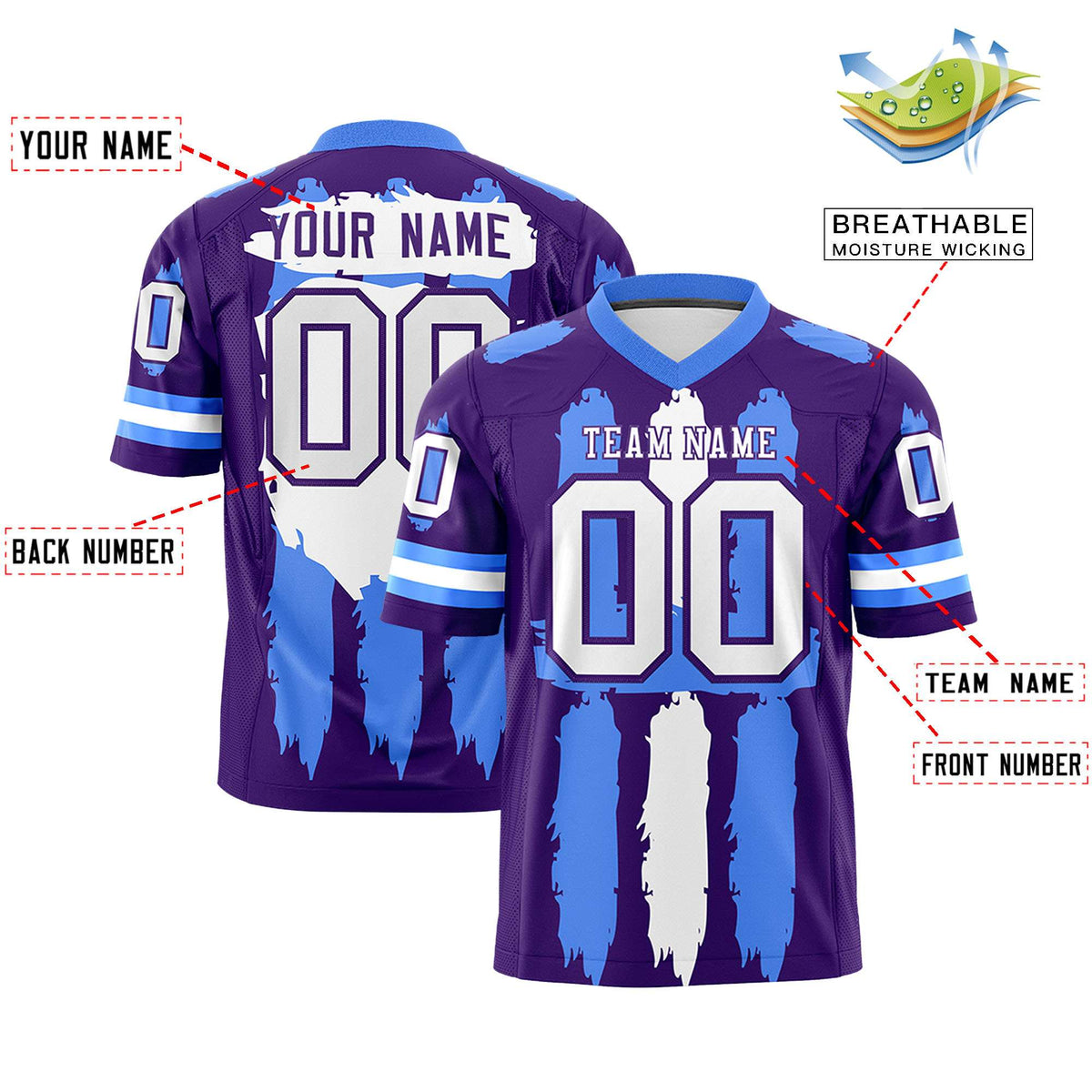 Custom Purple Powder Blue and White Graffiti Pattern Practice American Football Jerseys