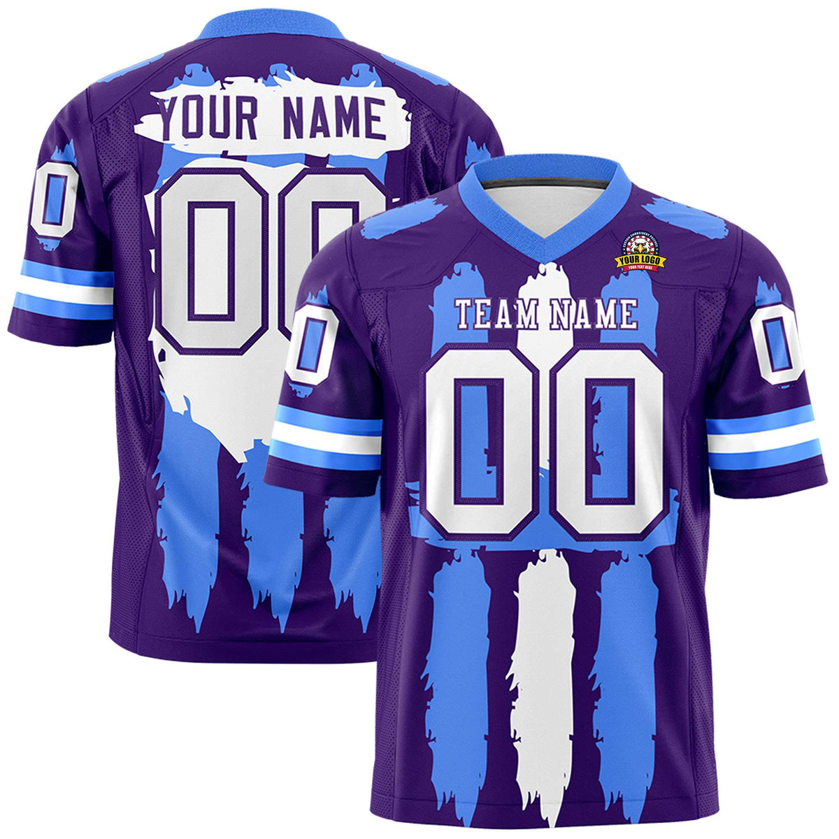 Custom Purple Powder Blue and White Graffiti Pattern Practice American Football Jerseys