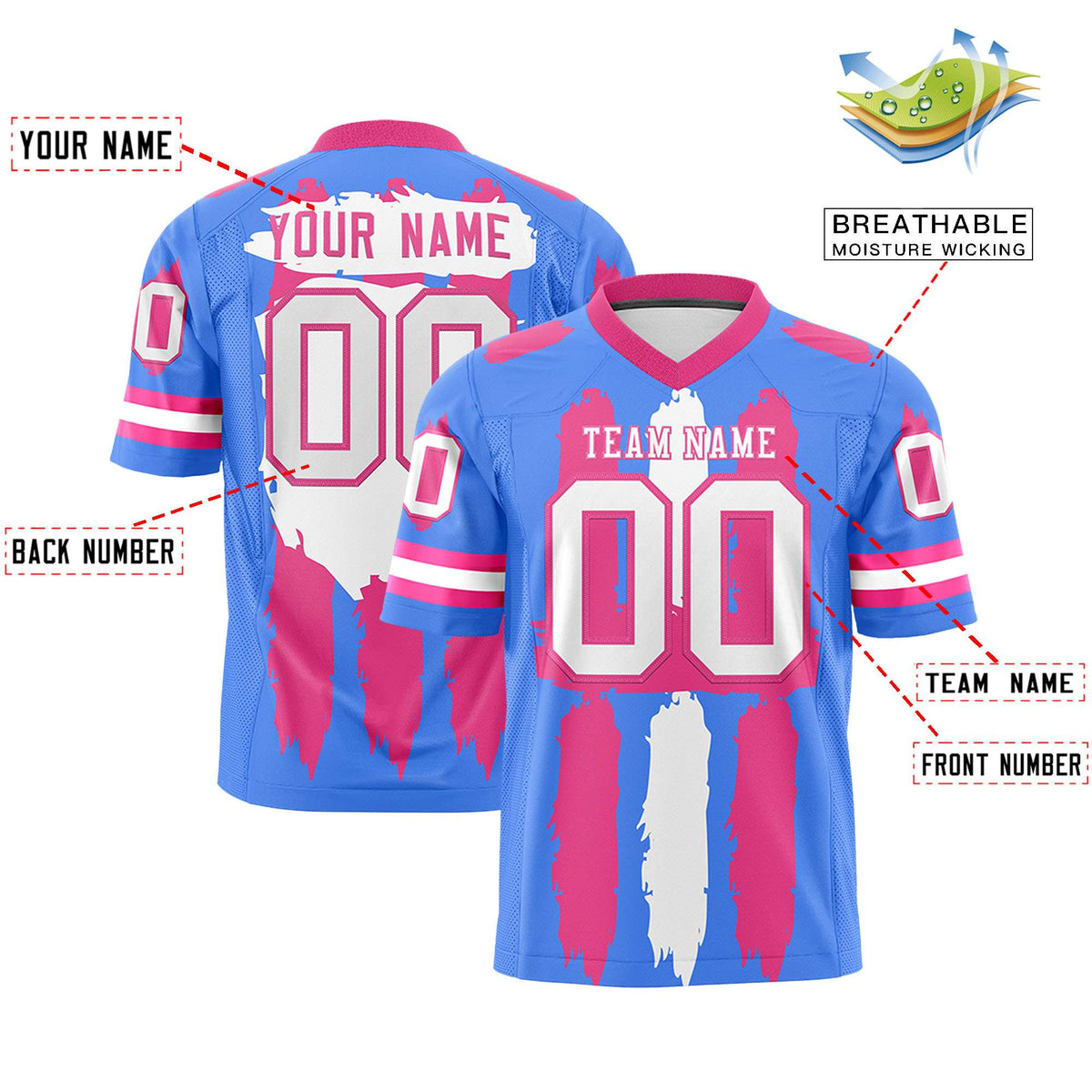 Custom Powder Blue Pink and White Graffiti Pattern Practice American Football Jerseys