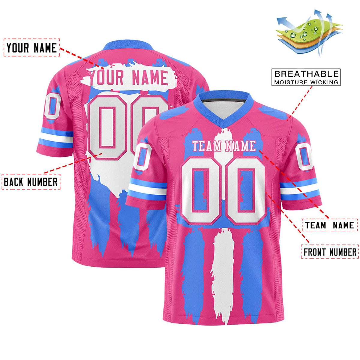 Custom Pink Powder Blue and White Graffiti Pattern Practice American Football Jerseys