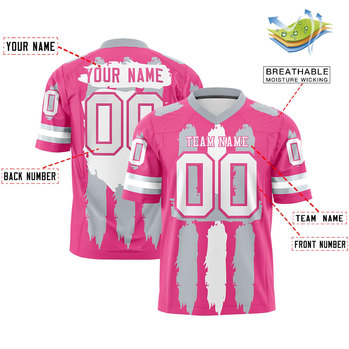 Custom Pink Silver and White Graffiti Pattern Practice American Football Jerseys