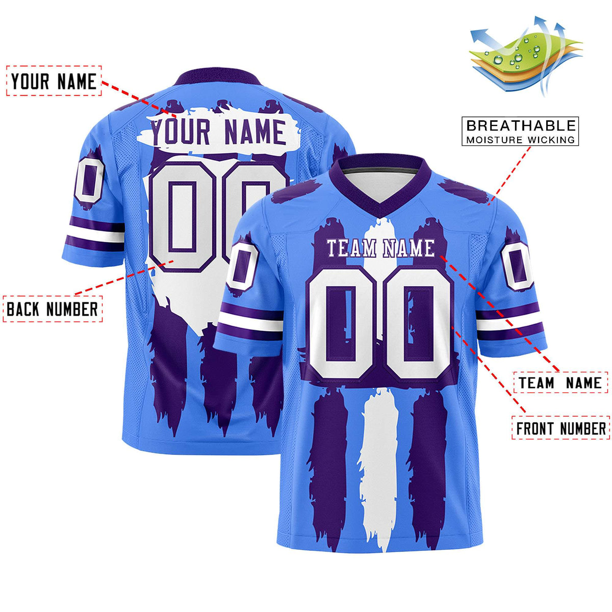 Custom Powder Blue Purple and White Graffiti Pattern Practice American Football Jerseys