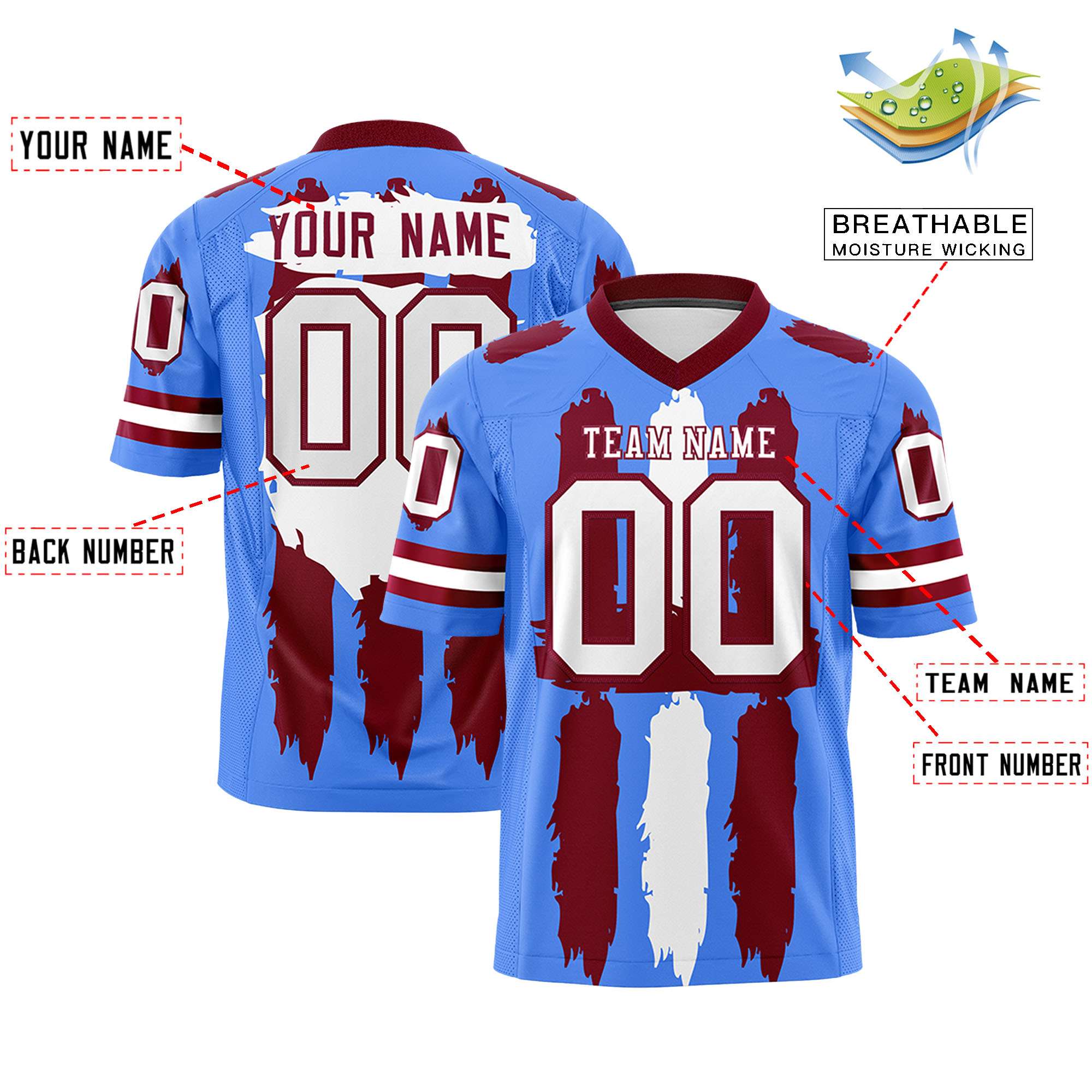 Custom Powder Blue Crimson and White Graffiti Pattern Practice American Football Jerseys