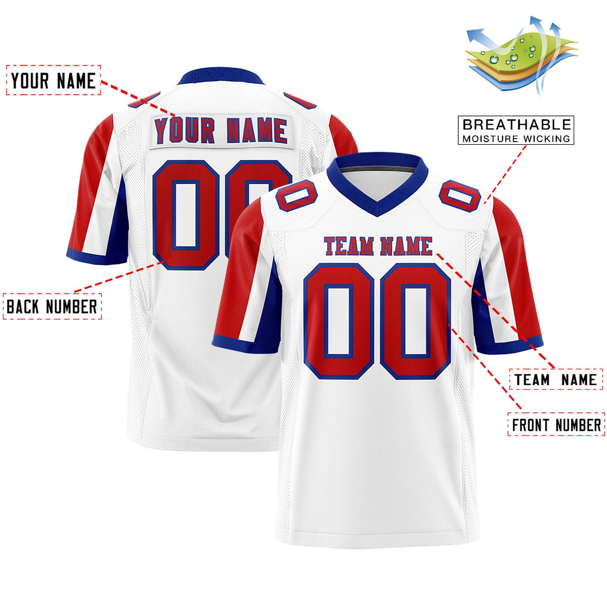 Custom White Red-Royal Color Block Personalized Raglan Sleeves Authentic Football Jersey