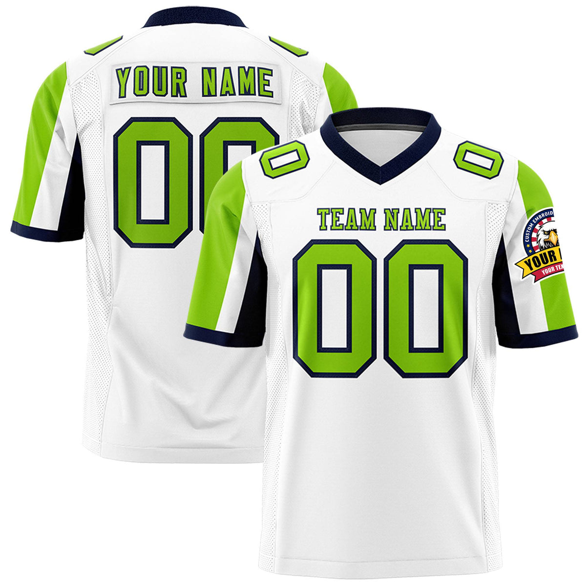Custom White Neon Green-Navy Color Block Personalized Raglan Sleeves Authentic Football Jersey