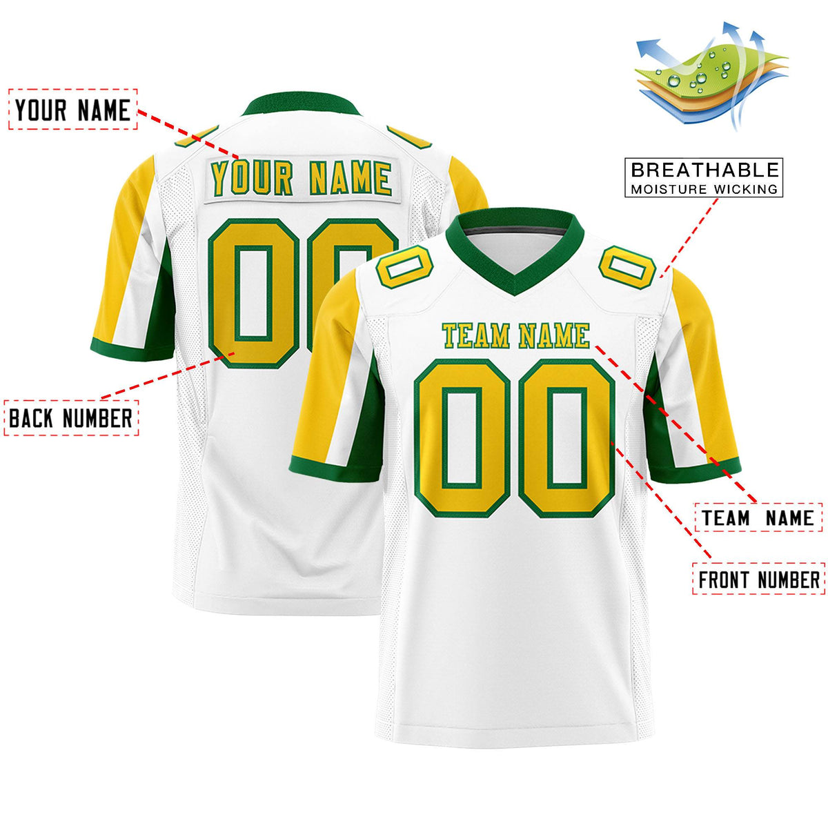 Custom White Gold-Kelly Green Color Block Personalized Raglan Sleeves Authentic Football Jersey
