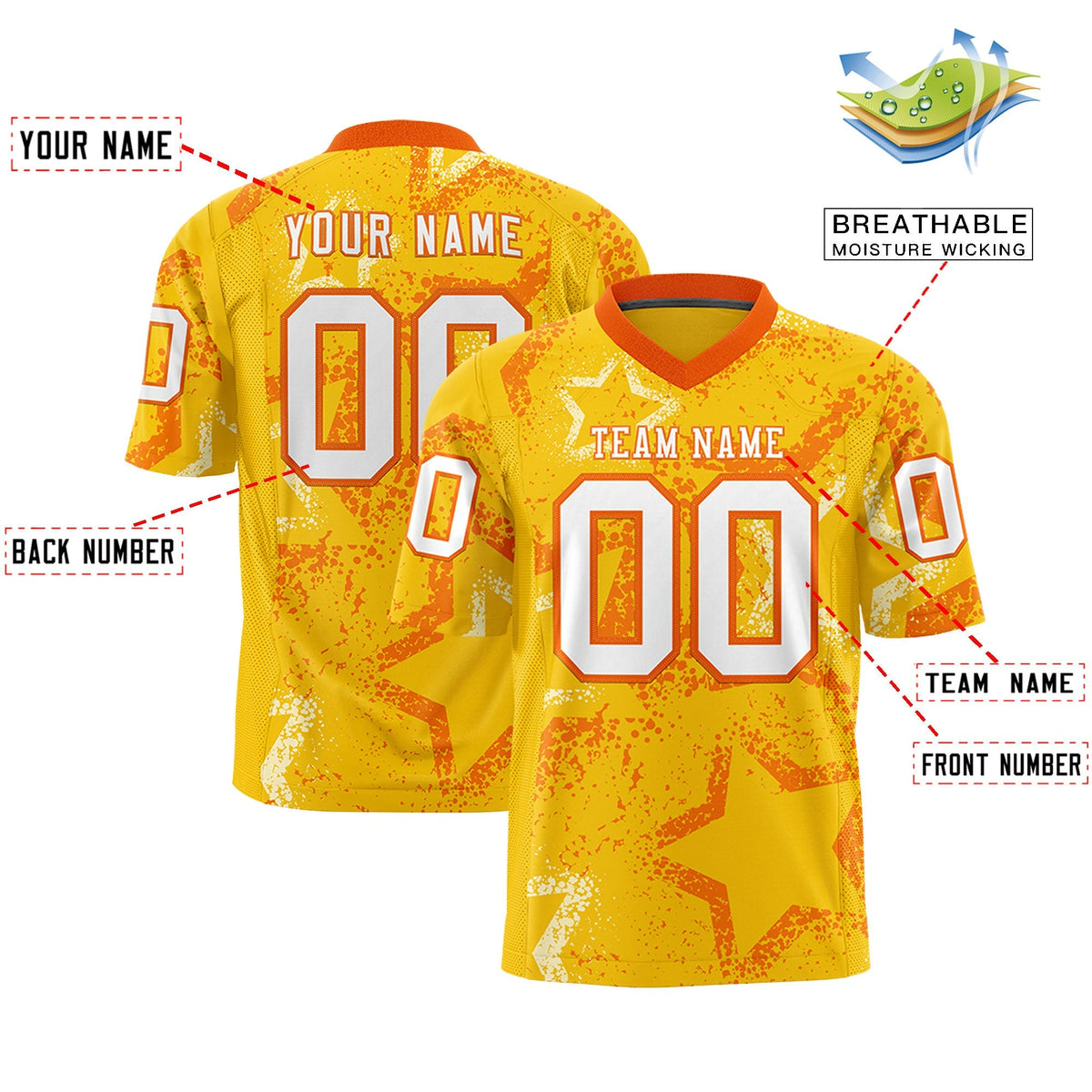 Custom Gold Orange-White Personalized Star Graffiti Pattern Authentic Football Jersey