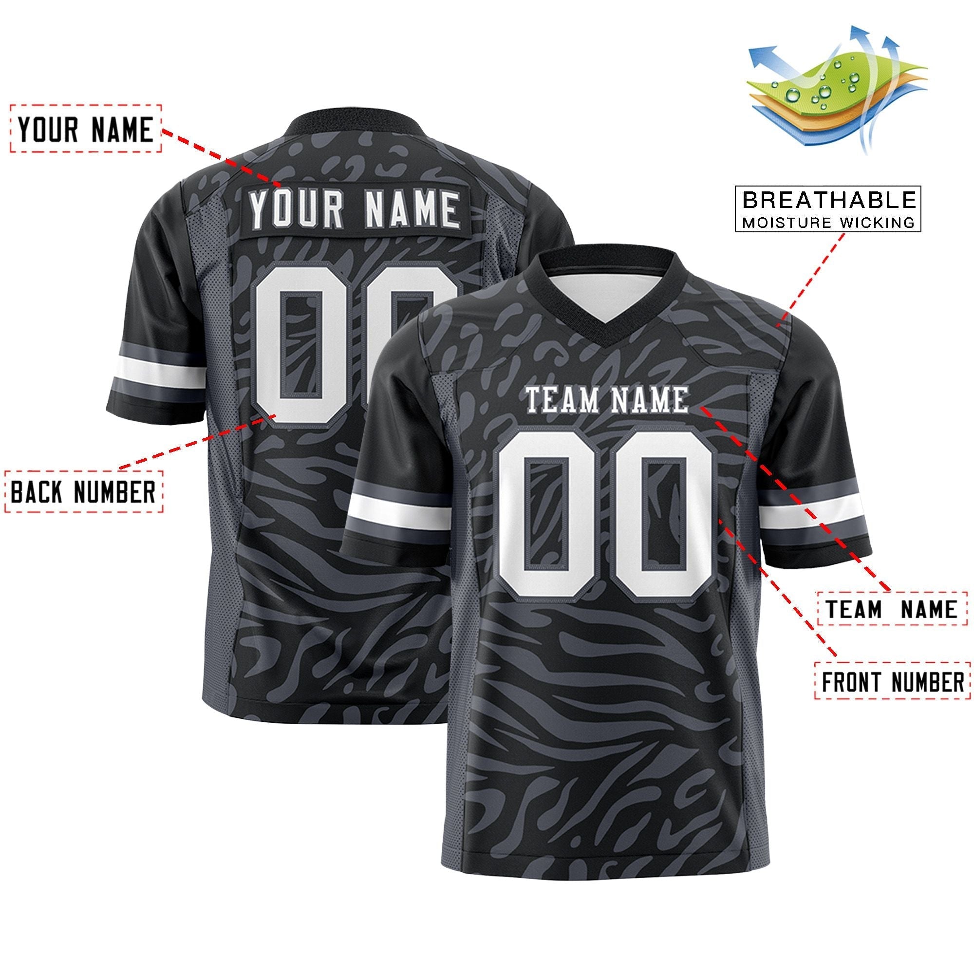 Custom Black White-Dark Gray Personalized Zebra Stripes Pattern Authentic Football Jersey