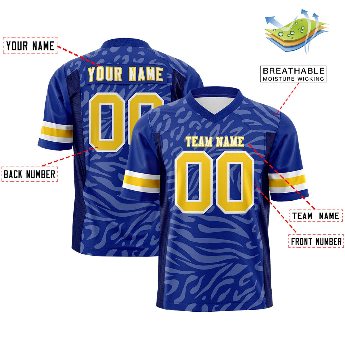 Custom Royal Gold-White Personalized Zebra Stripes Pattern Authentic Football Jersey